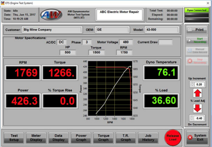 Interfaz del software MTS-XT para control de carga y generación de informes en pruebas de motores eléctricos